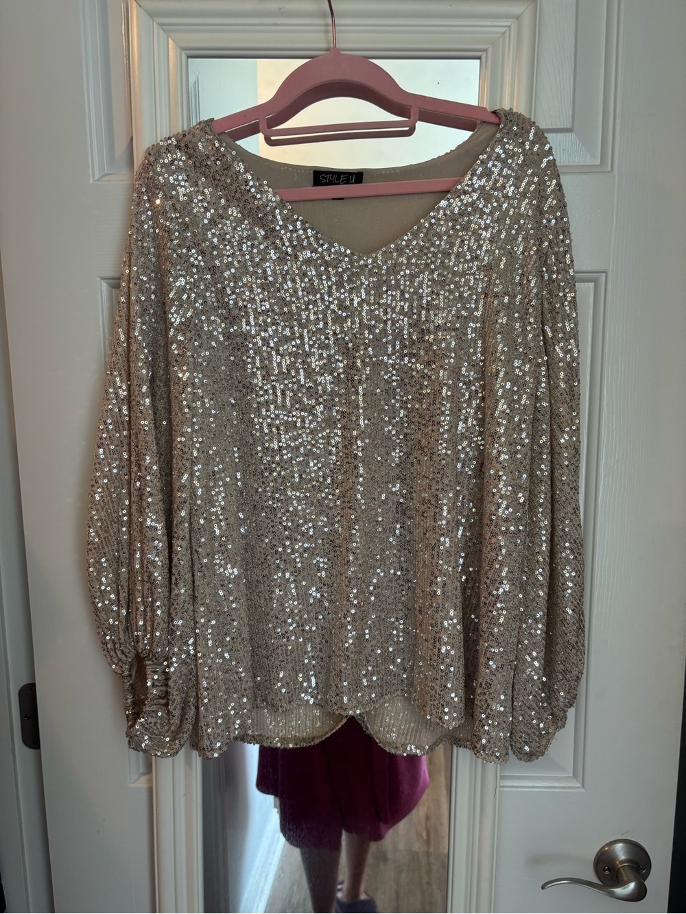 Sequin V-Neck Long Sleeve Top - Champagne